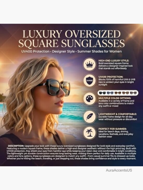 Oversized Square Sunglasses UV400 Protection Trendy Eyewear